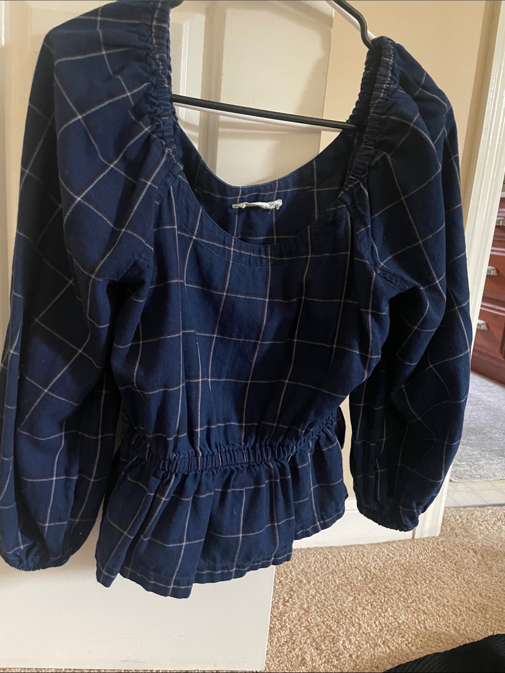 Madewell Navy Windowpane Peasant Top